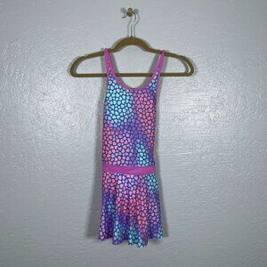 Lands End Girls 12+ Pink Blue Purple Heart Print One Piece Swim Dress Skirted